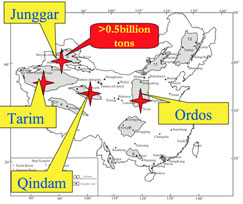 China: distribution of oil sands